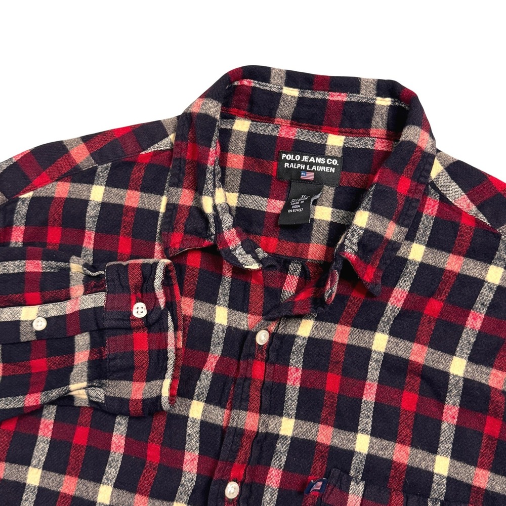 Polo Jeans Co Ralph Lauren Plaid Flannel Shirt Men's XL Red Navy Long Sleeve